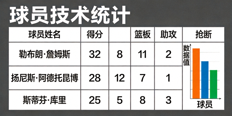 篮球运动员技术统计面板显示得分篮板助攻等数据