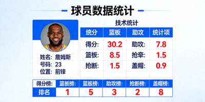 球员数据统计界面，展示球员各项技术统计和排名