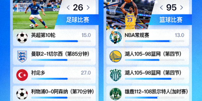 实时比分更新界面展示，多场足球篮球比赛比分同步显示